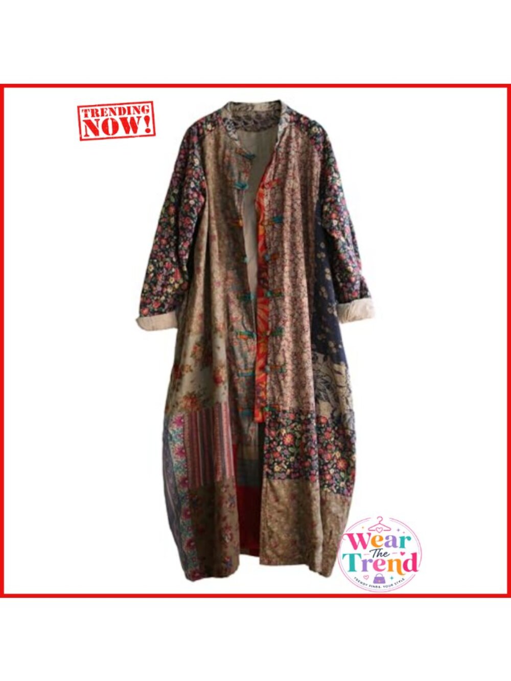 Women Patchwork Floral Cotton Linen Trench Coat Button Boho Duster - Picture 3 of 6